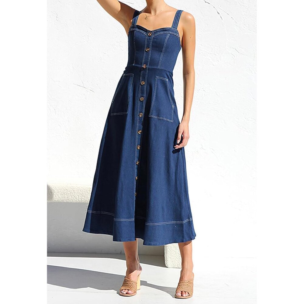 Women's Denim Midi Dress Adjustable Straps Sleeveless Button Down Casual - Picture 5 of 6